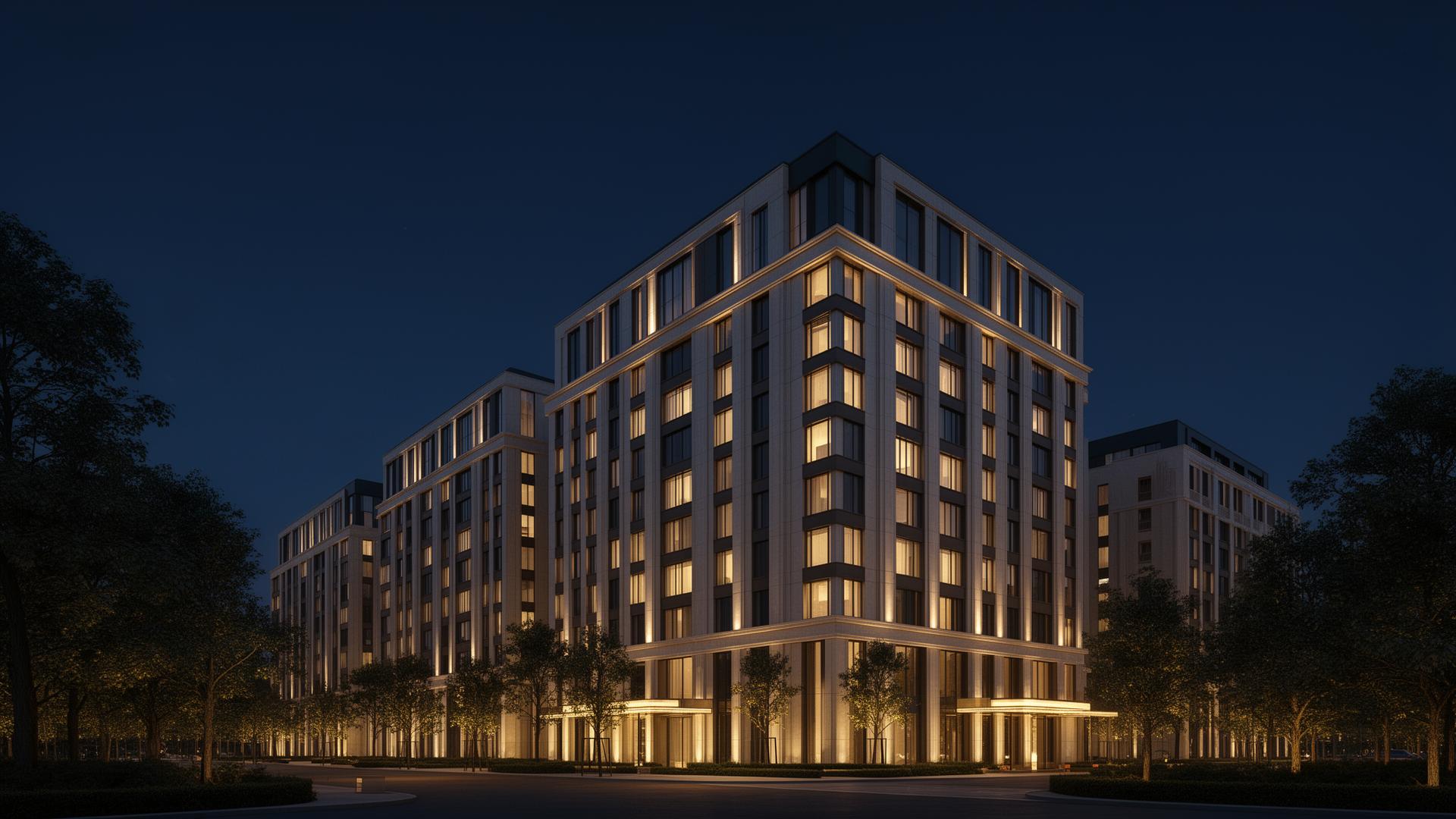 Edifício residencial sofisticado ao entardecer